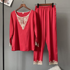 2 Piece/set Long Pijamas set Silk Sexy Sleepwear Long-sleeved Satin Trousers Ladies Pajamas Suit Pajamas Women's Home Suit Lace