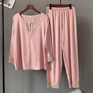 2 Piece/set Long Pijamas set Silk Sexy Sleepwear Long-sleeved Satin Trousers Ladies Pajamas Suit Pajamas Women's Home Suit Lace