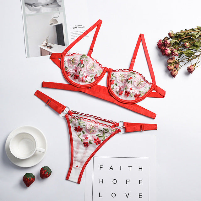 2 Pieces Brief Sets Lace Lingerie Women Butterfly Floral Embroidery Underwear See Through Red Bra and Panty Erotic Lingerie Set