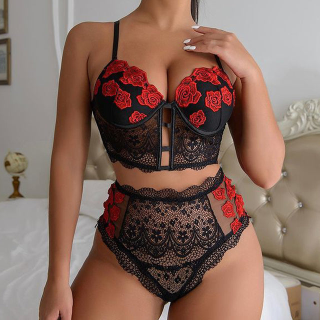 2 Pieces Set Women Sexy Mesh Underwear Perspective Erotic Push up Bra and Briefs Set Floral Embroidery Sensual Lingerie Set