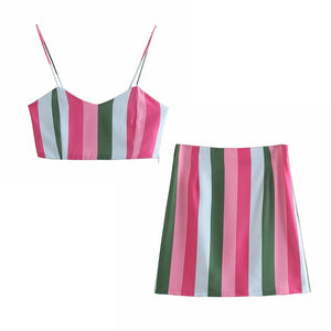 2 Pieces ZA Summer Women Sets 2021 Camis Tops+Skirts Elegant Sleeveless Mini Shirt Casual Striped Printed Tops Chic Zipper Dress