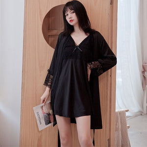 2 pieces/set Femme Robe set Sexy Bathrobe Nightgown Female Negligee Lace Lingerie Night Dress Bridesmaid Gown Hot Erotic