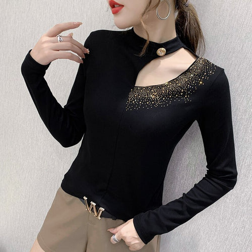 2020 Autumn Winter Women tshirts Fashion Sexy Hollow out Hot drilling Tops Plus size Black T-Shirts blusas