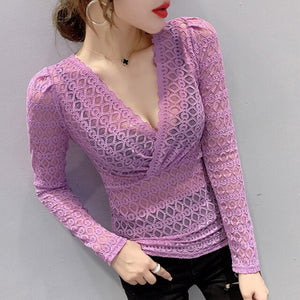 2020 Autumn new long sleeve v-neck lace tops Fashion sexy v-neck hollow out women t-shirt plus size women tops and shirt