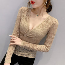 Load image into Gallery viewer, 2020 Autumn new long sleeve v-neck lace tops Fashion sexy v-neck hollow out women t-shirt plus size women tops and shirt
