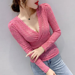 2020 Autumn new long sleeve v-neck lace tops Fashion sexy v-neck hollow out women t-shirt plus size women tops and shirt