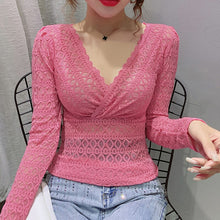 Load image into Gallery viewer, 2020 Autumn new long sleeve v-neck lace tops Fashion sexy v-neck hollow out women t-shirt plus size women tops and shirt