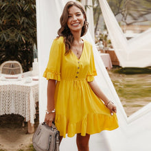 Load image into Gallery viewer, 2020 New Elegant Solid V Neck Spring Summer Dress Lace Up Button Ruffles Sleeve A Line Mini Dress Pink Yellow