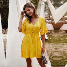 Load image into Gallery viewer, 2020 New Elegant Solid V Neck Spring Summer Dress Lace Up Button Ruffles Sleeve A Line Mini Dress Pink Yellow