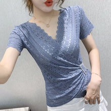 Load image into Gallery viewer, 2020 New Summer short sleeve v-neck lace tops Fashion casual hollow out lace t-shirts women tops Elegant slim women blusas