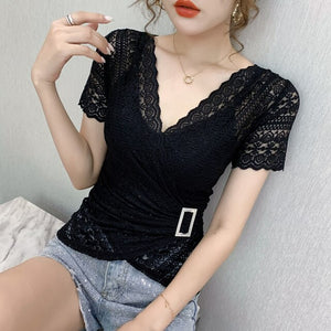 2020 New Summer short sleeve v-neck lace tops Fashion casual hollow out lace t-shirts women tops Elegant slim women blusas