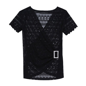 2020 New Summer short sleeve v-neck lace tops Fashion casual hollow out lace t-shirts women tops Elegant slim women blusas