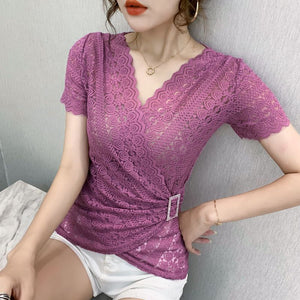 2020 New Summer short sleeve v-neck lace tops Fashion casual hollow out lace t-shirts women tops Elegant slim women blusas