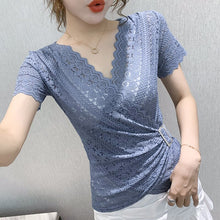 Load image into Gallery viewer, 2020 New Summer short sleeve v-neck lace tops Fashion casual hollow out lace t-shirts women tops Elegant slim women blusas