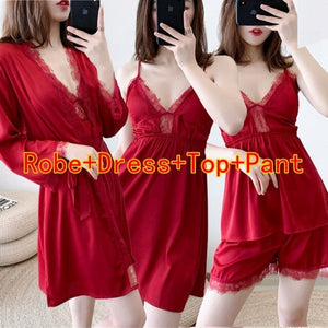 2020 Summer 4PCS Silk Satin Lace Sexy Lingerie Nightgowns Robes Sets for Women Bathrobes Sleepwear Nightdress Night Dress Nighty
