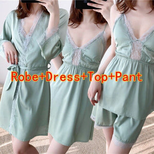 2020 Summer 4PCS Silk Satin Lace Sexy Lingerie Nightgowns Robes Sets for Women Bathrobes Sleepwear Nightdress Night Dress Nighty