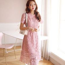Load image into Gallery viewer, 2020 summer new Korean ladies temperament Pink lace round neck waist slimming long air lace dress Knee-Length Short sleeve