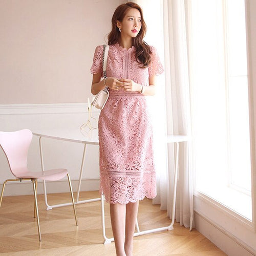 2020 summer new Korean ladies temperament Pink lace round neck waist slimming long air lace dress Knee-Length Short sleeve