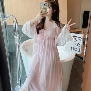 2021 Autumn 2PCS Sexy Lace Bow Lingerie Nightgowns Robes Sets for Women Cotton Bathrobe Sleepwear Nightdress Night Dress Nighty