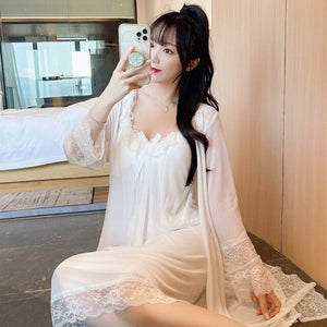2021 Autumn 2PCS Sexy Lace Bow Lingerie Nightgowns Robes Sets for Women Cotton Bathrobe Sleepwear Nightdress Night Dress Nighty