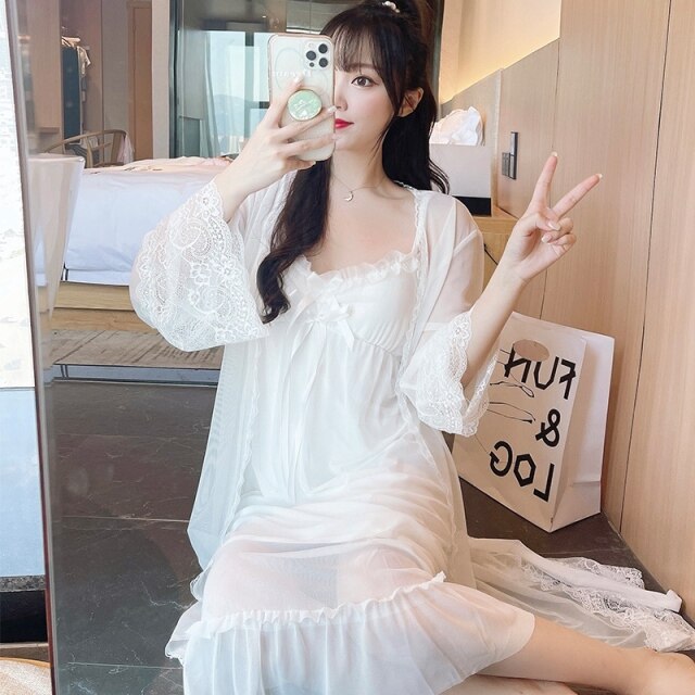 2021 Autumn 2PCS Sexy Lace Bow Lingerie Nightgowns Robes Sets for Women Cotton Bathrobe Sleepwear Nightdress Night Dress Nighty