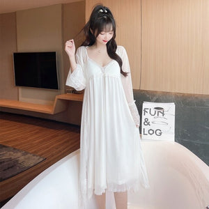 2021 Autumn 2PCS Sexy Lace Bow Lingerie Nightgowns Robes Sets for Women Cotton Bathrobe Sleepwear Nightdress Night Dress Nighty