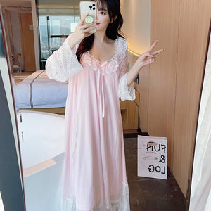 2021 Autumn 2PCS Sexy Lace Bow Lingerie Nightgowns Robes Sets for Women Cotton Bathrobe Sleepwear Nightdress Night Dress Nighty