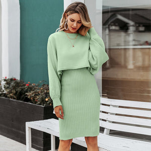2021 Autumn And Winter New Women Knitted Dress Two Piece Set Ladies Fashion Solid Color Pullover Sweater Outdoor Casual Clothes