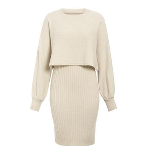 2021 Autumn And Winter New Women Knitted Dress Two Piece Set Ladies Fashion Solid Color Pullover Sweater Outdoor Casual Clothes