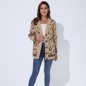 2021 Autumn And Winter New Women Sweater Top Ladies Loose Cardigan Sweater Womens Casual Tide Long-sleeved Leopard Print Jacket