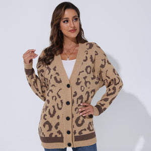 2021 Autumn And Winter New Women Sweater Top Ladies Loose Cardigan Sweater Womens Casual Tide Long-sleeved Leopard Print Jacket