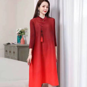 2021 Autumn Chinese Style Improved Cheongsam Ladies Elegant Large Size Loose Stand Collar Vintage Gradient Miyak Pleated Dress