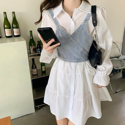 2021 Autumn Elegant Two Piece Suit Women Korean Long Sleeve Sweet Shirt Dress Strap Mini Vest Set Spring Party Casual Dress Set