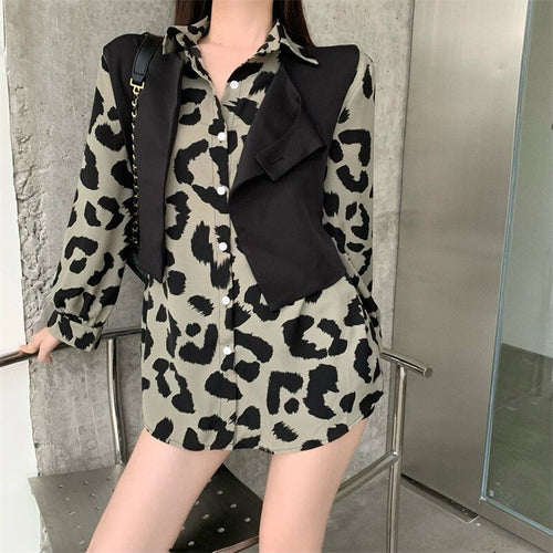 2021 Autumn Elegant Y2k Female Blouse Leopard Korean Fashion Casual Shirts Women Long Sleeve High Street Designer Vintage Blouse