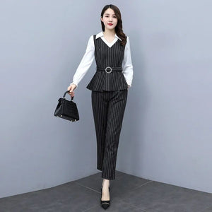 2021 Autumn Fashion Slim Stripe 2 Piece Set Women V-neck Patchwork Long Sleeve Top with Belt High Waist Pant Female Clothes