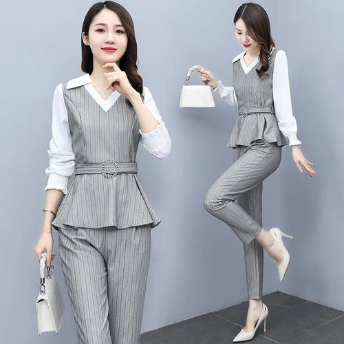 2021 Autumn Fashion Slim Stripe 2 Piece Set Women V-neck Patchwork Long Sleeve Top with Belt High Waist Pant Female Clothes