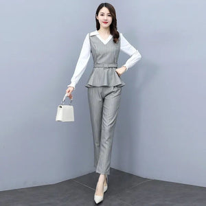 2021 Autumn Fashion Slim Stripe 2 Piece Set Women V-neck Patchwork Long Sleeve Top with Belt High Waist Pant Female Clothes