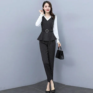 2021 Autumn Fashion Slim Stripe 2 Piece Set Women V-neck Patchwork Long Sleeve Top with Belt High Waist Pant Female Clothes
