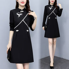 Load image into Gallery viewer, 2021 Autumn Long Sleeve Vintage Chinese Style Mini Dress Women Stand Collar Buckle Crane Embroidery Improved Cheongsam Female