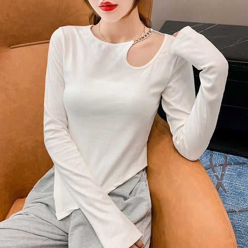 2021 Autumn Metal Chain Irregular Hem Slit Long-sleeved T-shirt Bottoming Shirt with Slim Tops