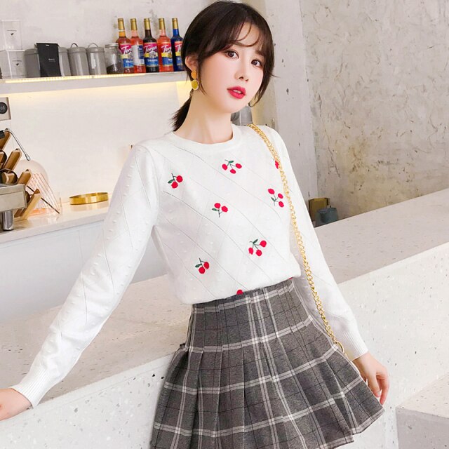 2021 Autumn Net Red Cherry Print Korean Sweater Pullover Sweater Bottoming Shirt Top Heavy Industry Women