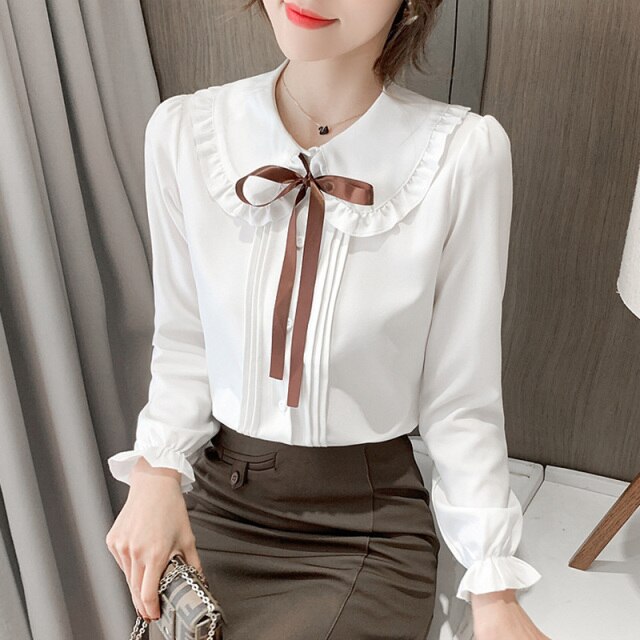 2021 Autumn New Bow Women Chiffon Shirt Fashion Long Sleeved Doll Collar Office Lady Blouses Elegant Slim Woman Clothing