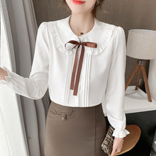 Load image into Gallery viewer, 2021 Autumn New Bow Women Chiffon Shirt Fashion Long Sleeved Doll Collar Office Lady Blouses Elegant Slim Woman Clothing