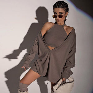 2021 Autumn New Fashion Women's Knitted Sexy Vest + V-Neck Long-Sleeved Loose Pullover Two-Piece Female Elegant Woman Top