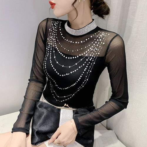 2021 Autumn New Long-Sleeved Stand-up Collar Bottoming Shirt Fashion Stitching Mesh Hot Drilling T-Shirt Tops