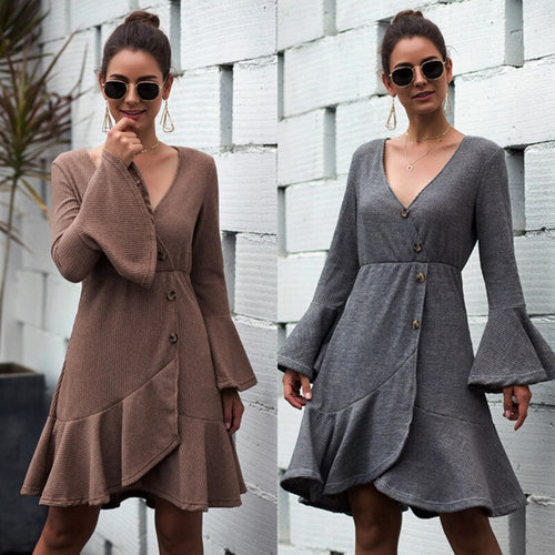 2021 Autumn New Women's Fashion Casual Solid Deep V Neck Flare Long Sleeve Buttons Ruffles Empire Mini Dress Ladies Slim Basic