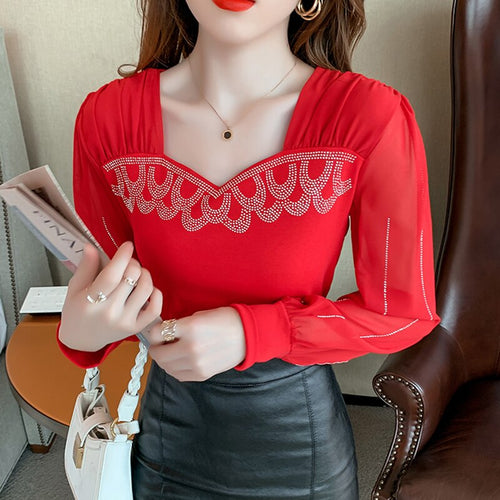 2021 Autumn New Women's T-Shirt Fashion Casual Long Sleeve Square Collar Hot Drilling Mesh Tops Plus Size Women Clothing