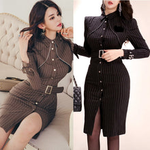 Load image into Gallery viewer, 2021 Autumn Office OL Work Dress Striped Single breasted sashes Slim Bodycon pencil Dresses High quality Korean Dresses