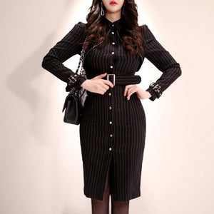 2021 Autumn Office OL Work Dress Striped Single breasted sashes Slim Bodycon pencil Dresses High quality Korean Dresses