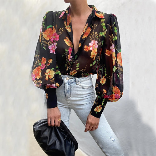 2021 Autumn Puff Sleeve Shirts Blouse Women Floral/Leopard Long Sleeve Lapel Buttons Vintage Shirts Elegant Blouses Tops Female